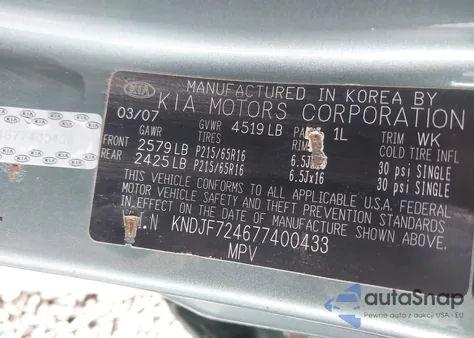 2007 Kia Sportage Lx z USA, uszkodzony, nr VIN KNDJF724677400433